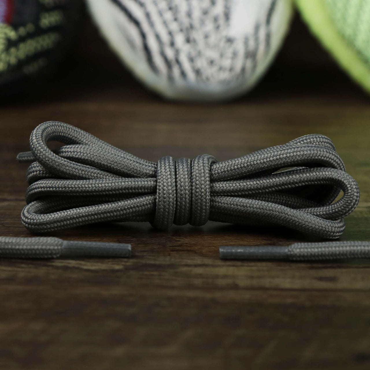 The Solid Rope Dark Grey Shoelaces with Dark Grey Aglets | 120cm Capswag folded up