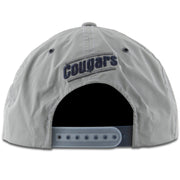 The back of the gray BYU reflective adjustable snapback hat has the Cougars wordmark embroidered in navy blue above an adjustable two-tone snap closure