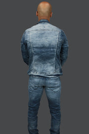 The backside of the Deep Blue Distressed Denim Jacket | Jordan Craig with the matching Denim Pants