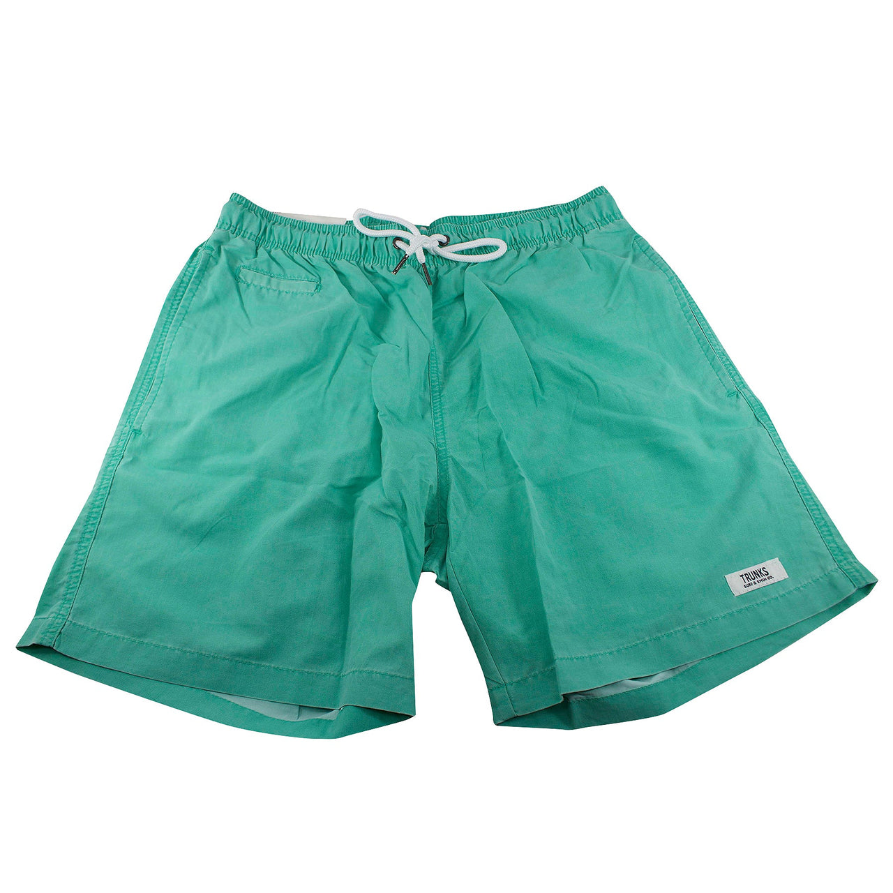 the seafoam green swim trunks are light green with side pockets