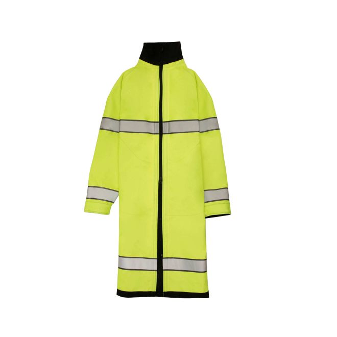 the Police Firemen | Hi Vis Reversible Reflective Long Rain Coat | Black and Bright Yellow Full Length Waterproof Rain Jacket for Policewoman Firewoman is long enough to cover the knees and has gray grey stripes and a tall collar