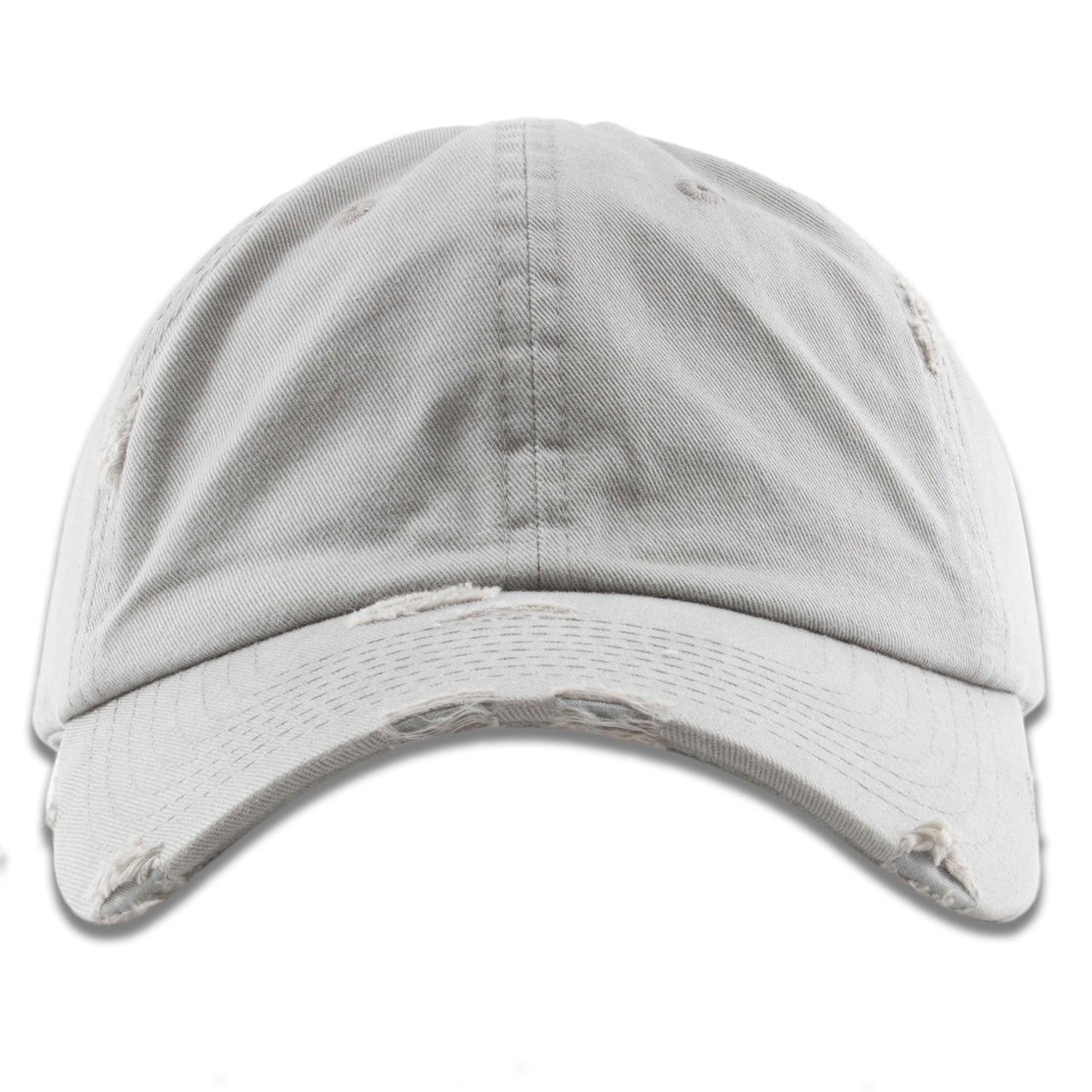 The light gray distressed blank baseball cap has a soft unstructured crown and a bent brim