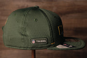 Packers 2020 Training Camp Snapback Hat | Green Bay Packers 2020 On-Field Green Training Camp Snap Cap the wearers right side has the nfl training logo