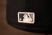 MLB batterman logo on the Yankees Jackie Robinson 59Fifty Fitted Cap | New York Yankees On-Field Jackie Robinson Number 42 Side Patch Navy Fitted Hat