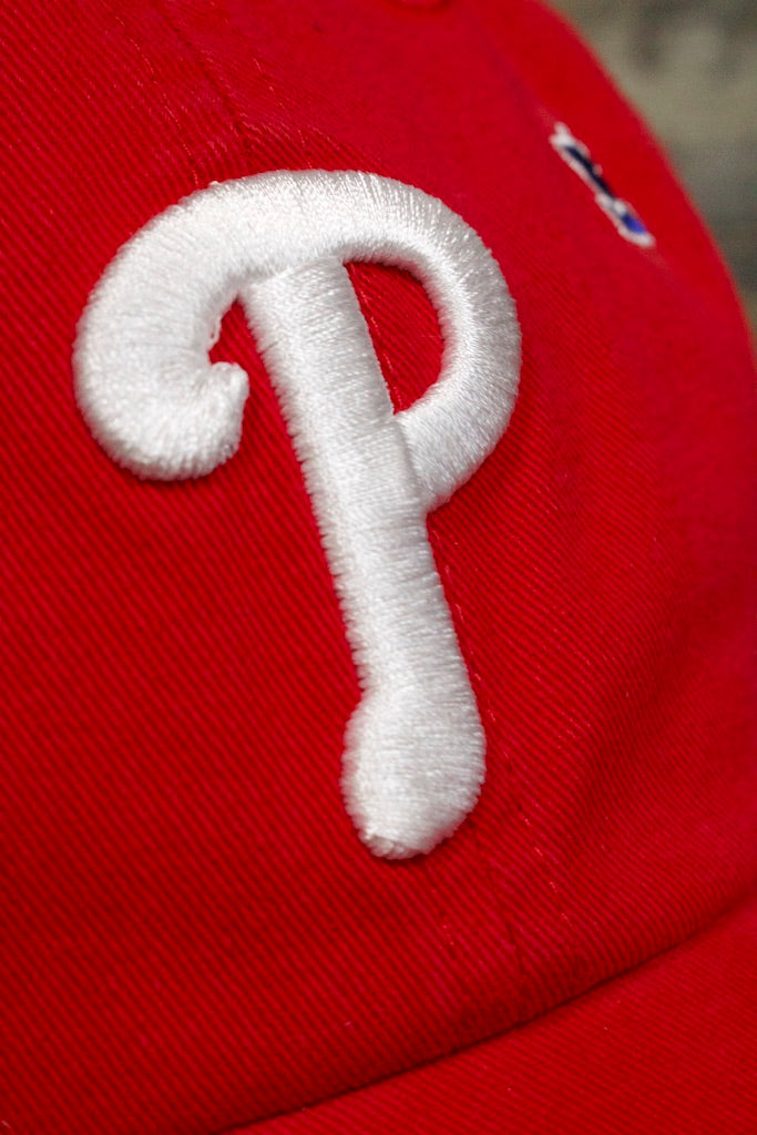 phillies logo shot on the Philadelphia Phillies All Over Bell Confetti Red Women's Dad Hat