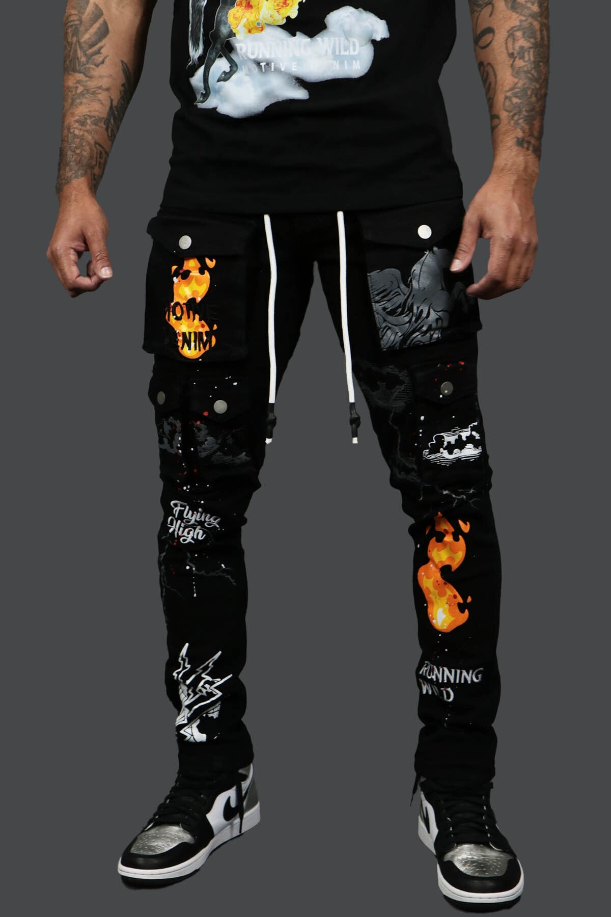 The Fly High Custom Painted Cargo Denim Pants Motive Denim | Black | 