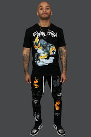 The Fly High Custom Painted Cargo Denim Pants Motive Denim | Black |  with the matching motive denim shirt