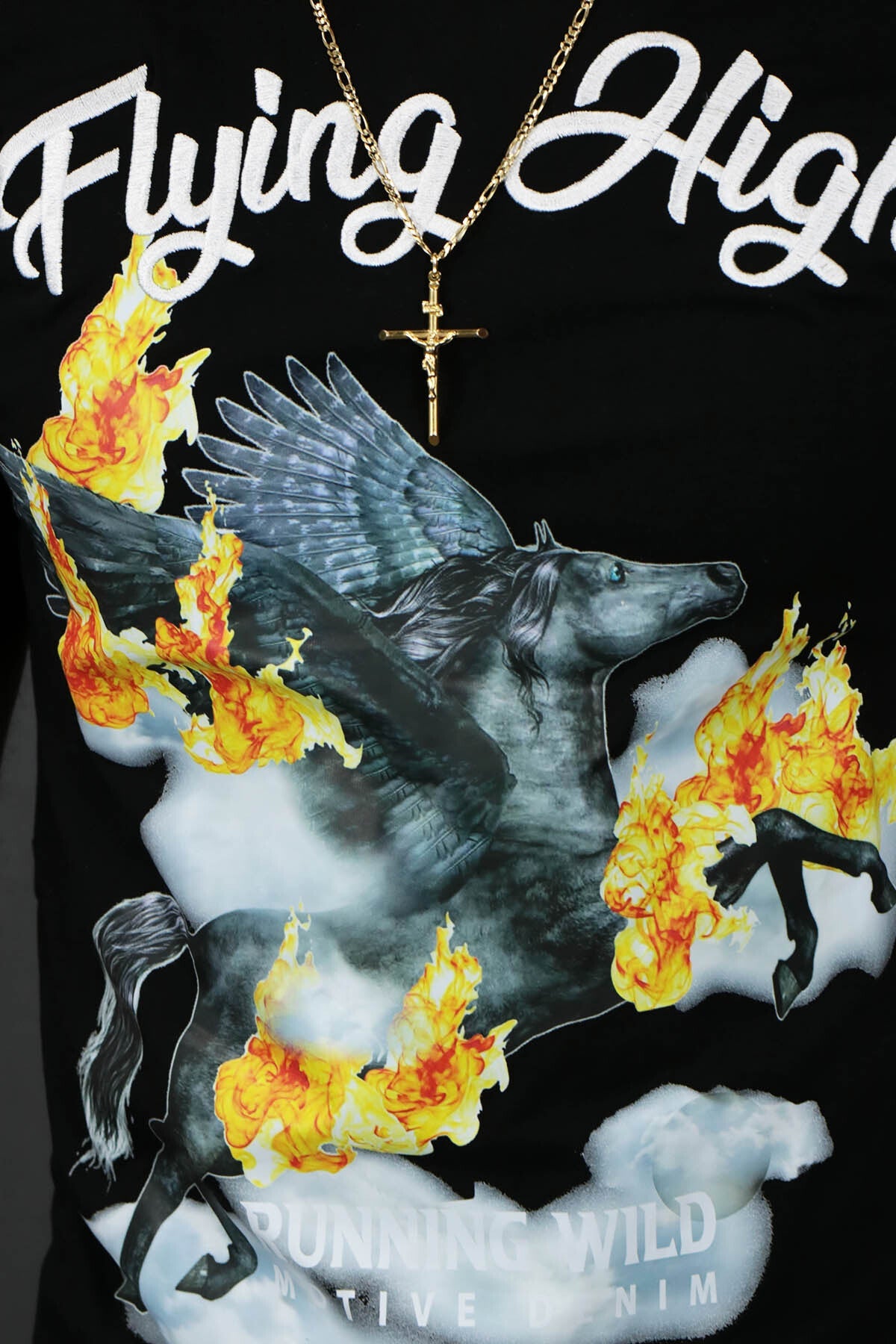 A close up of the custom design on the Fly High Custom Hype Beast Streetwear T-Shirt Motive Denim | Black | 