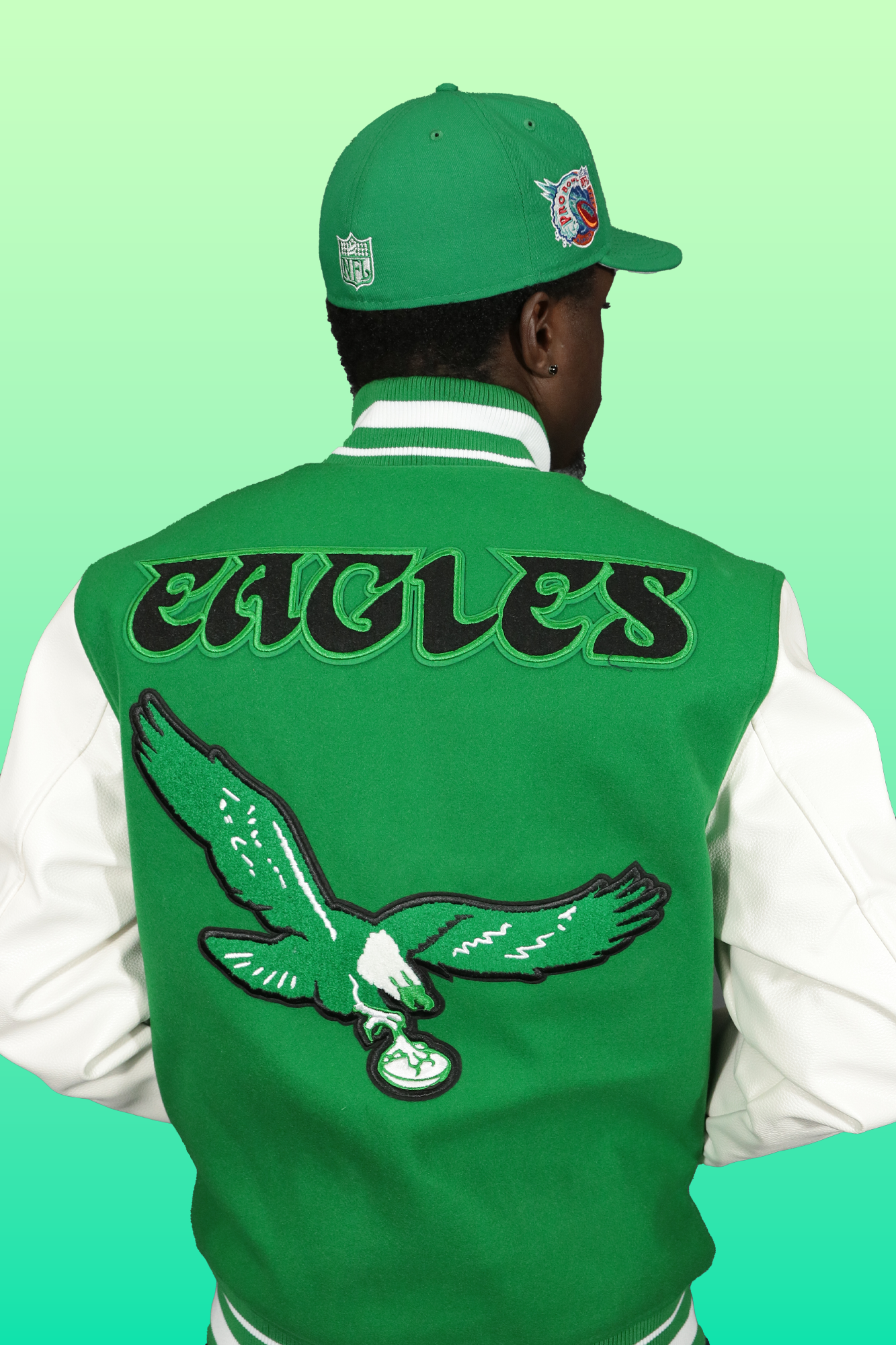 back of the Philadelphia Eagles Retro NFL "Eagles" Script Retro Classic Rib | Kelly Green/White Wool Varsity Jacket