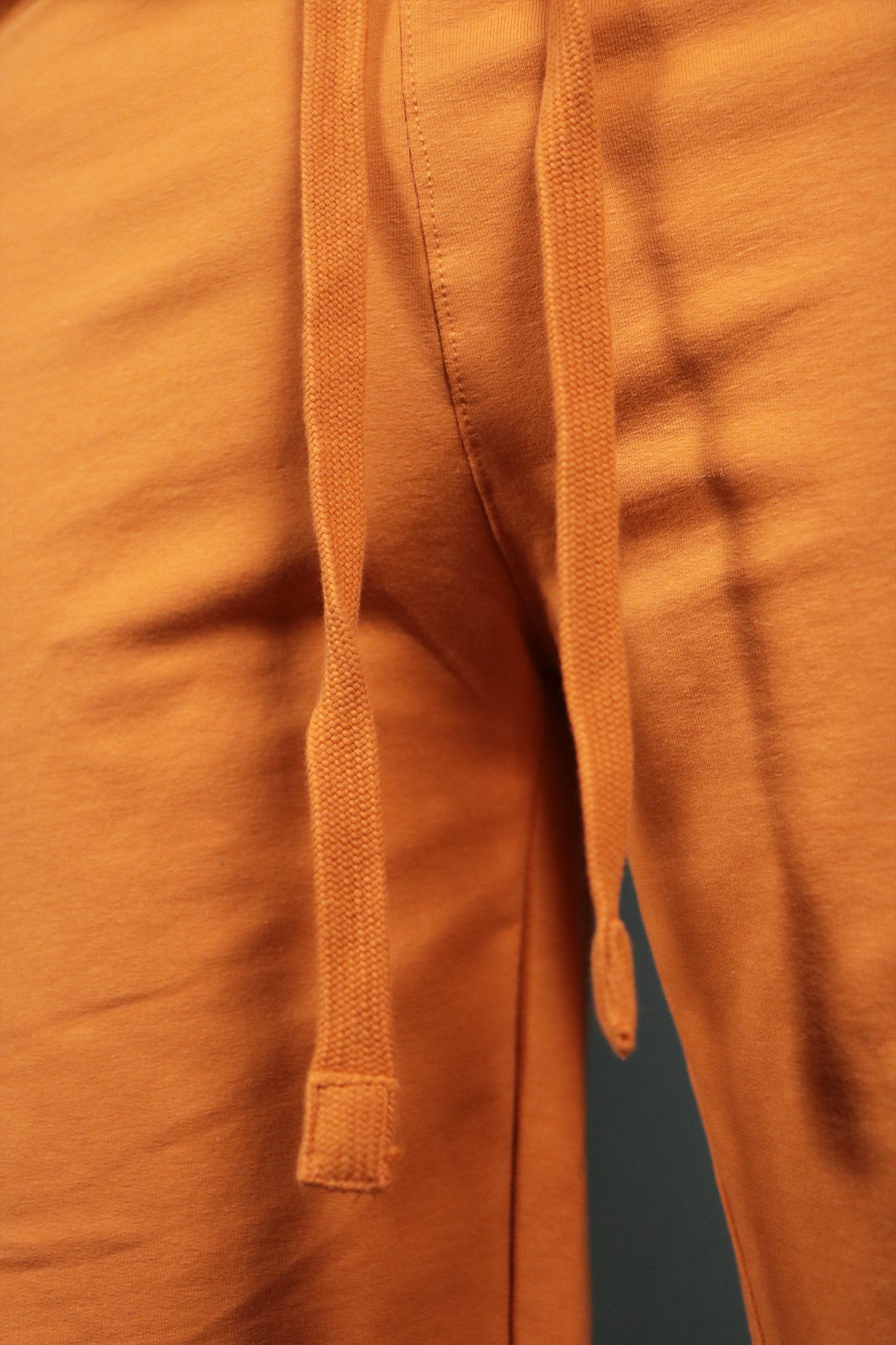 The two drawstrings of the orange Jordan Craig terry shorts.