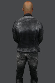 The backside of the Industrial Black Distressed Denim Jacket | Jordan Craig with the matching denim pants