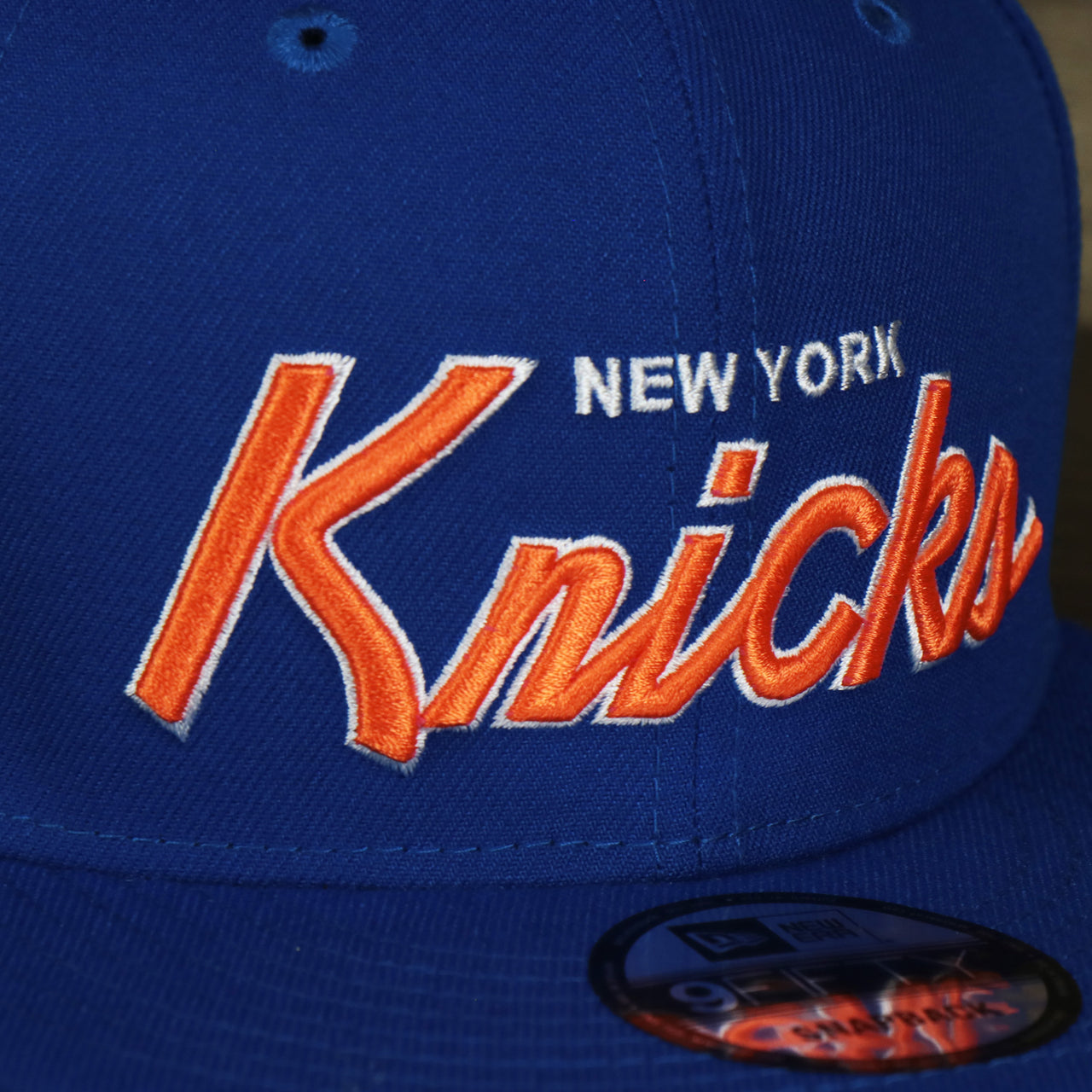 New York Knicks NBA Script Up Side Patch 9Fifty Snapback with Gray Undervisor | Blue OSFM