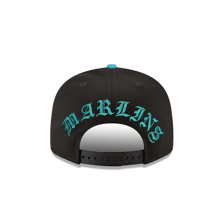 The backside of the Cooperstown Florida Marlins Retro Green Bottom Teal Letter Arch 9Fifty Snapback | Back Letter Arch 9Fifty Black