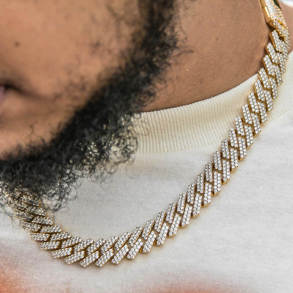 New York Prong Studded Cuban 18K Gold Plated 14mm Golden Gilt Necklace