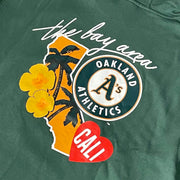 Close up of cluster logo on the back of the Oakland Athletics "City Cluster" 59Fifty Fitted Matching Green Pullover Hoodie