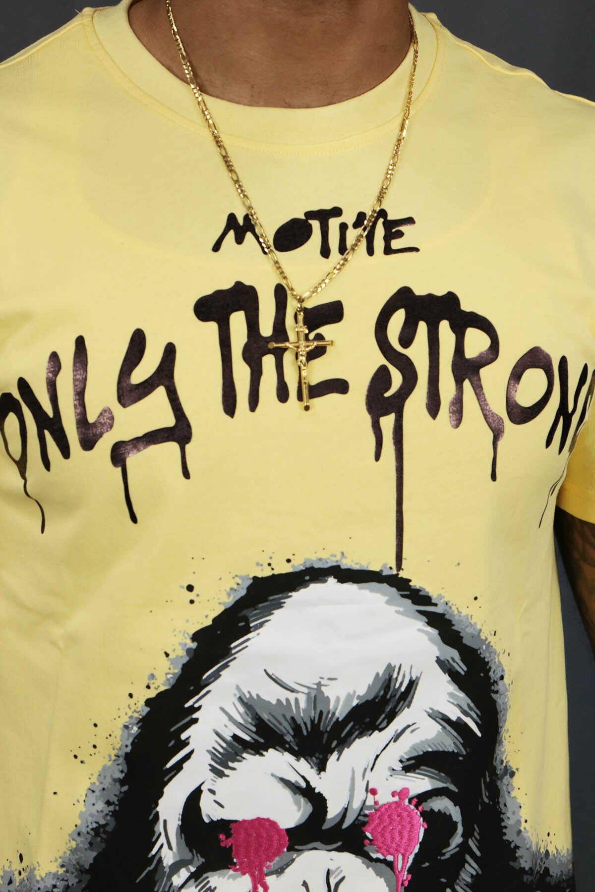 A close up of the Spray painted words on the Only The Strong Custom Hype Beast Spray Painted Streetwear T-Shirt Motive Denim | Black |