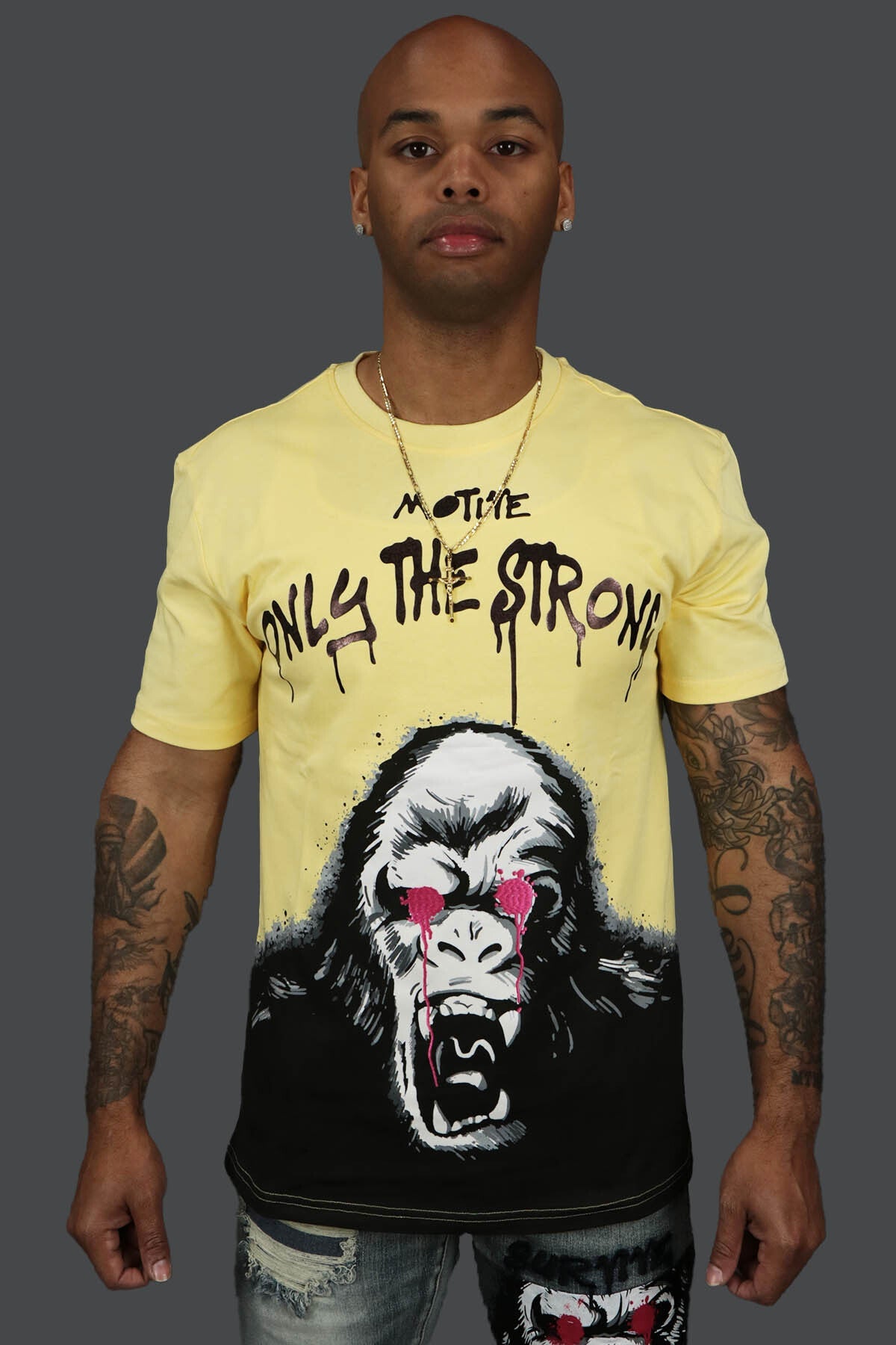 The Only The Strong Custom Hype Beast Spray Painted Streetwear T-Shirt Motive Denim | Yellow |