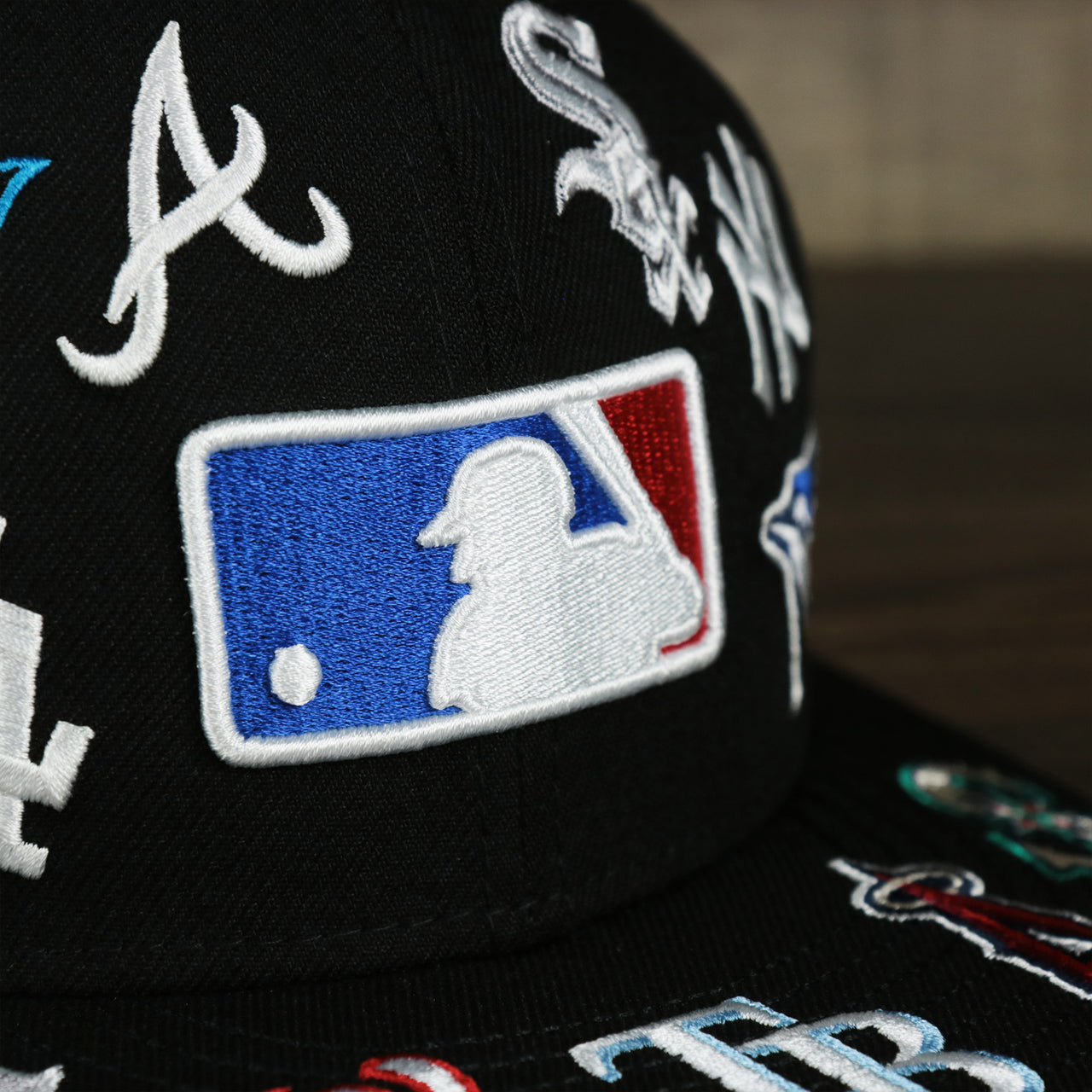 MLB Logo All Over patch fitted 59Fifty Cap with Gray Bottom | Black