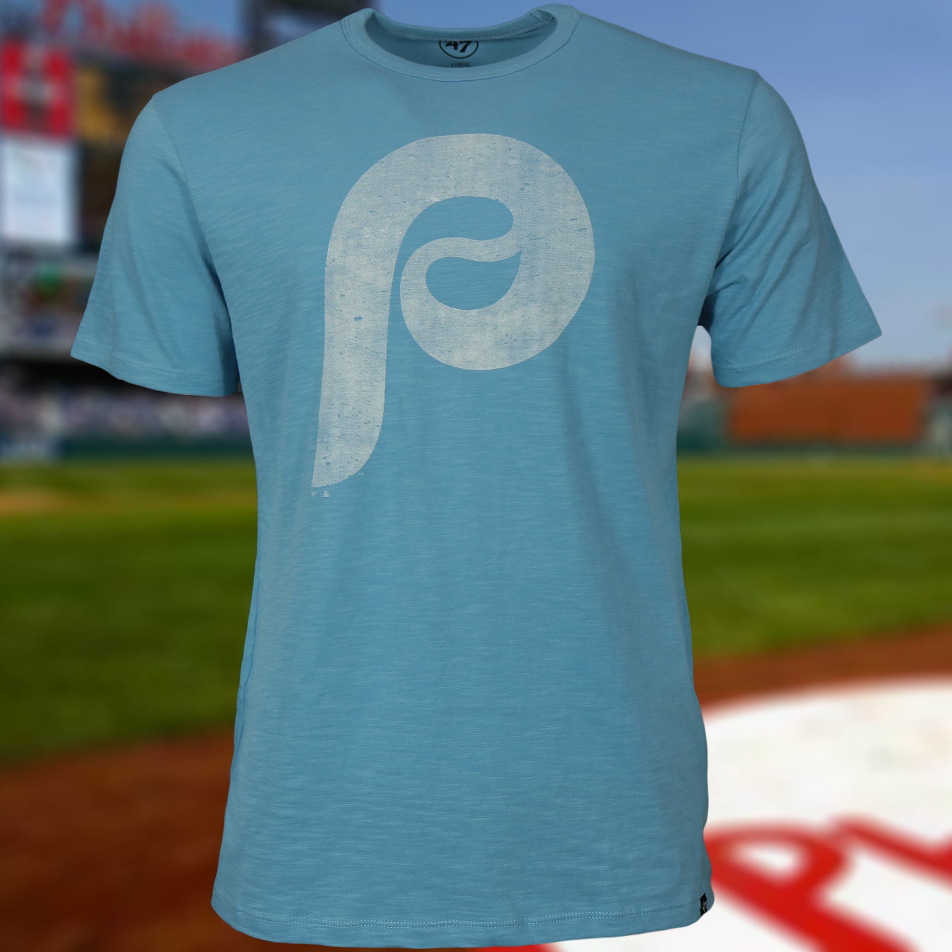 front of the Philadelphia Phillies Distressed Cooperstown Logo Carolina Blue T-Shirt