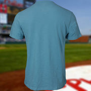 back side of the Philadelphia Phillies Distressed Cooperstown Logo Carolina Blue T-Shirt