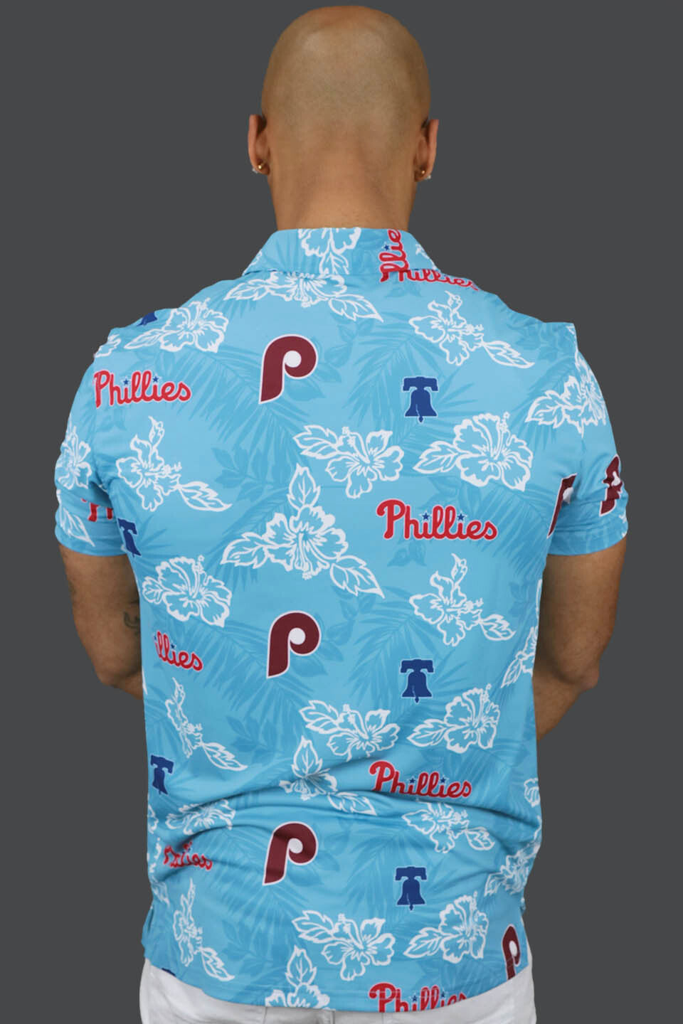 The backside of the Philadelphia Phillies Cooperstown Authentic Hawaiian Print Performance Polo Shirt