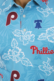 A close up of the Philadelphia Phillies Cooperstown Authentic Hawaiian Print Performance Polo Shirt