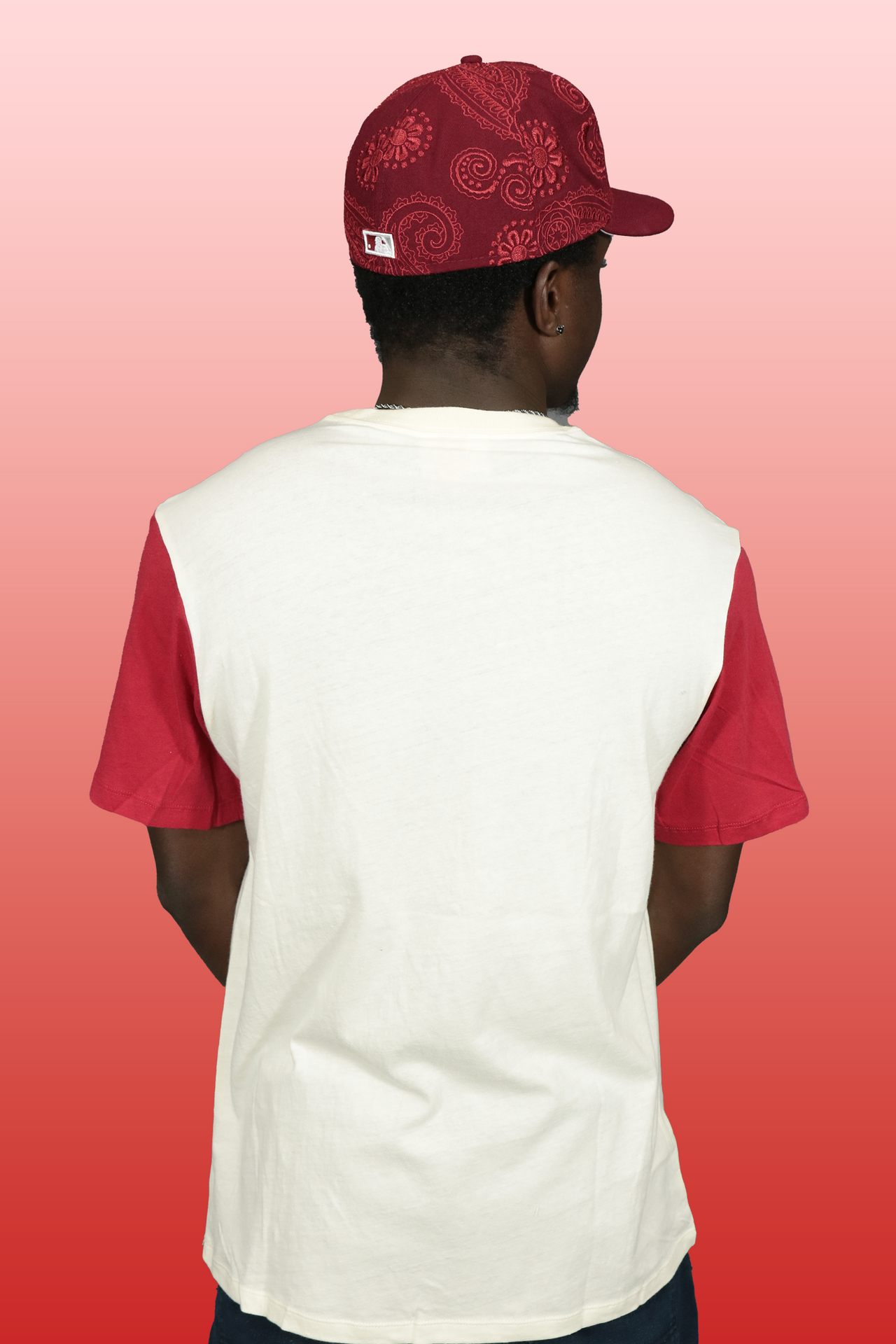 back of the Philadelphia Phillies Cooperstown 1970 logo Color Blocked Tee | Red/Cream T-shirt