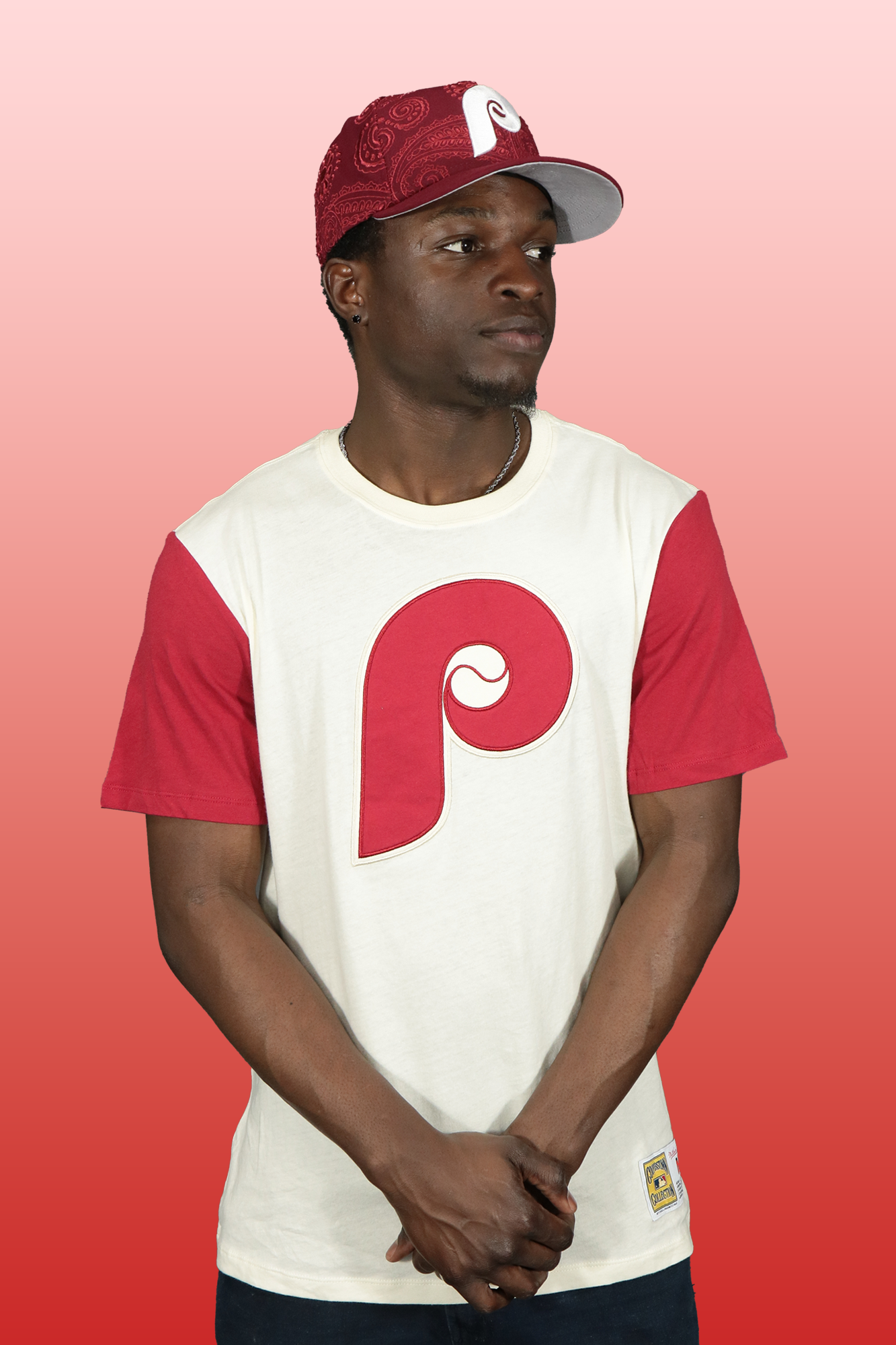 Philadelphia Phillies Cooperstown 1970 logo Color Blocked Tee | Red/Cream T-shirt