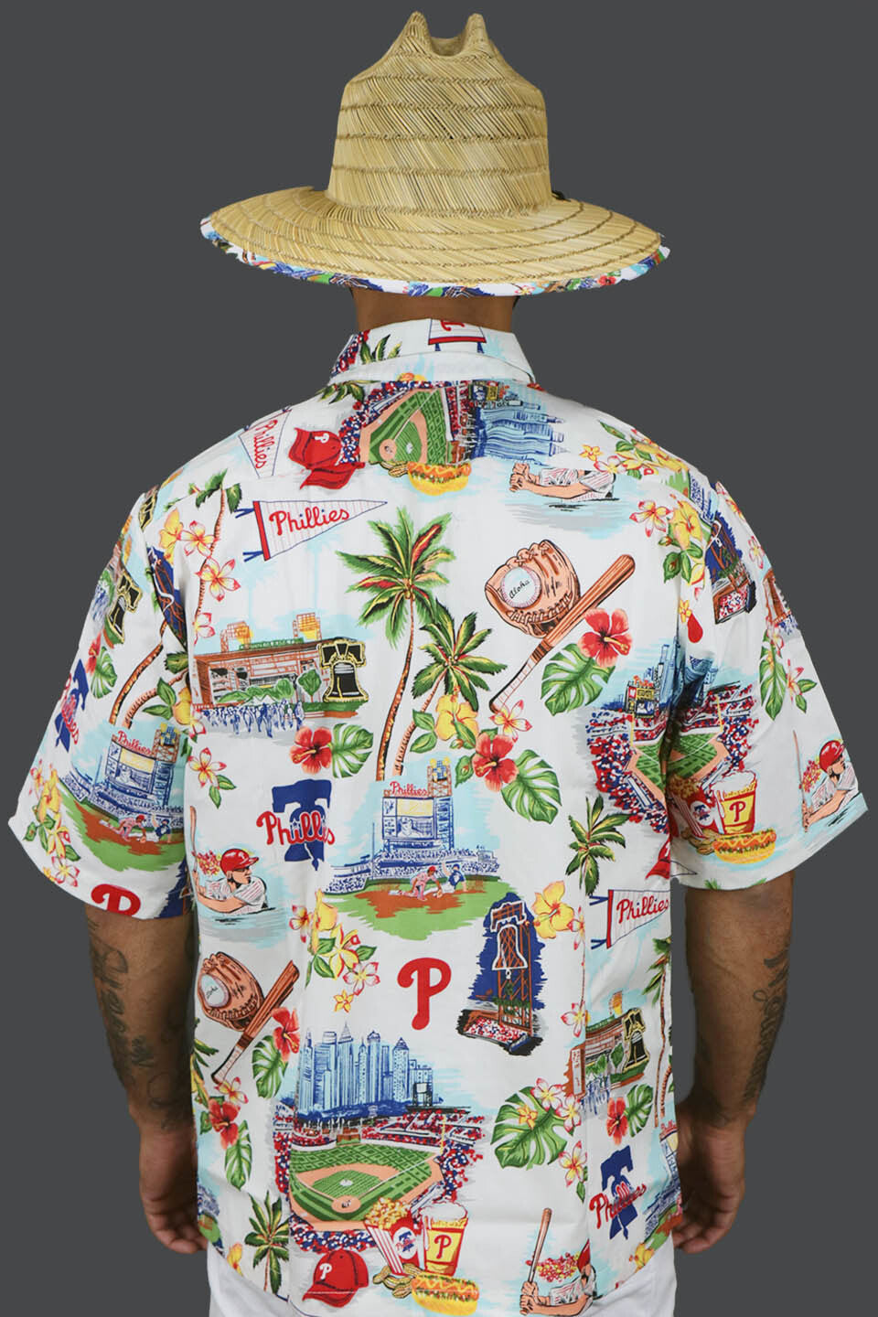 The backside of the Philadelphia Phillies Authentic Hawaiian Print Polo Shirt