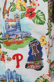 A close up to the patters on the Philadelphia Phillies Authentic Hawaiian Print Polo Shirt