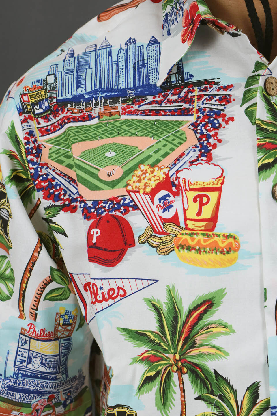 a close up of the Phillies stadium pattern on the Philadelphia Phillies Authentic Hawaiian Print Polo Shirt
