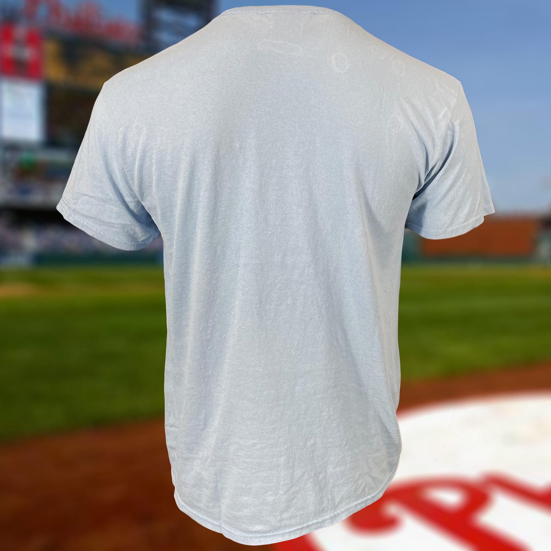 Back of the Philadelphia Phillies Distressed Cooperstown 1952 All Star Game Shibe Park Logo Sky Blue Vintage Tubular T-Shirt