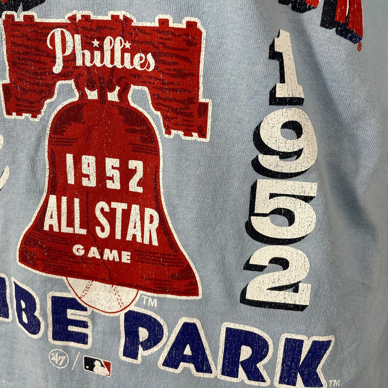 Close up of the 1952 All Star Game patch on the Philadelphia Phillies Distressed Cooperstown 1952 All Star Game Shibe Park Logo Sky Blue Vintage Tubular T-Shirt
