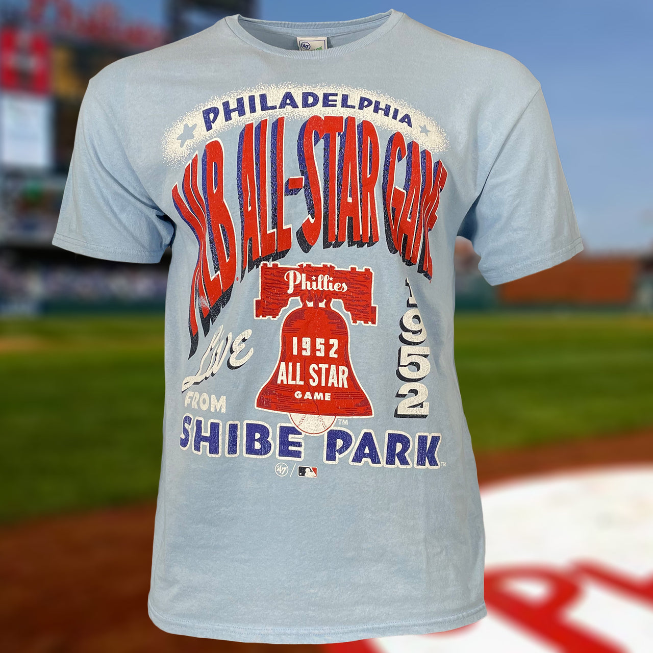 Philadelphia Phillies Distressed Cooperstown 1952 All Star Game Shibe Park Logo Sky Blue Vintage Tubular T-Shirt