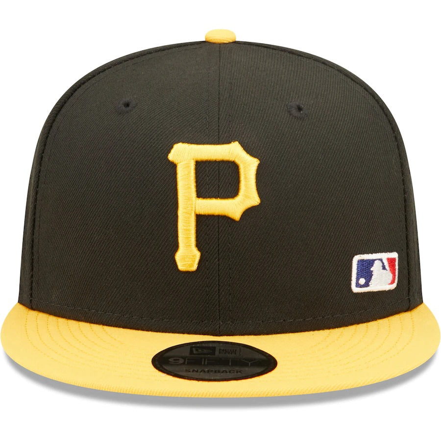 The front of Pittsburgh Pirates Yellow Letter Arch Vintage Green Bottom MLB 9Fifty Snapback Hat | Back Letter Arch Black 9Fifty