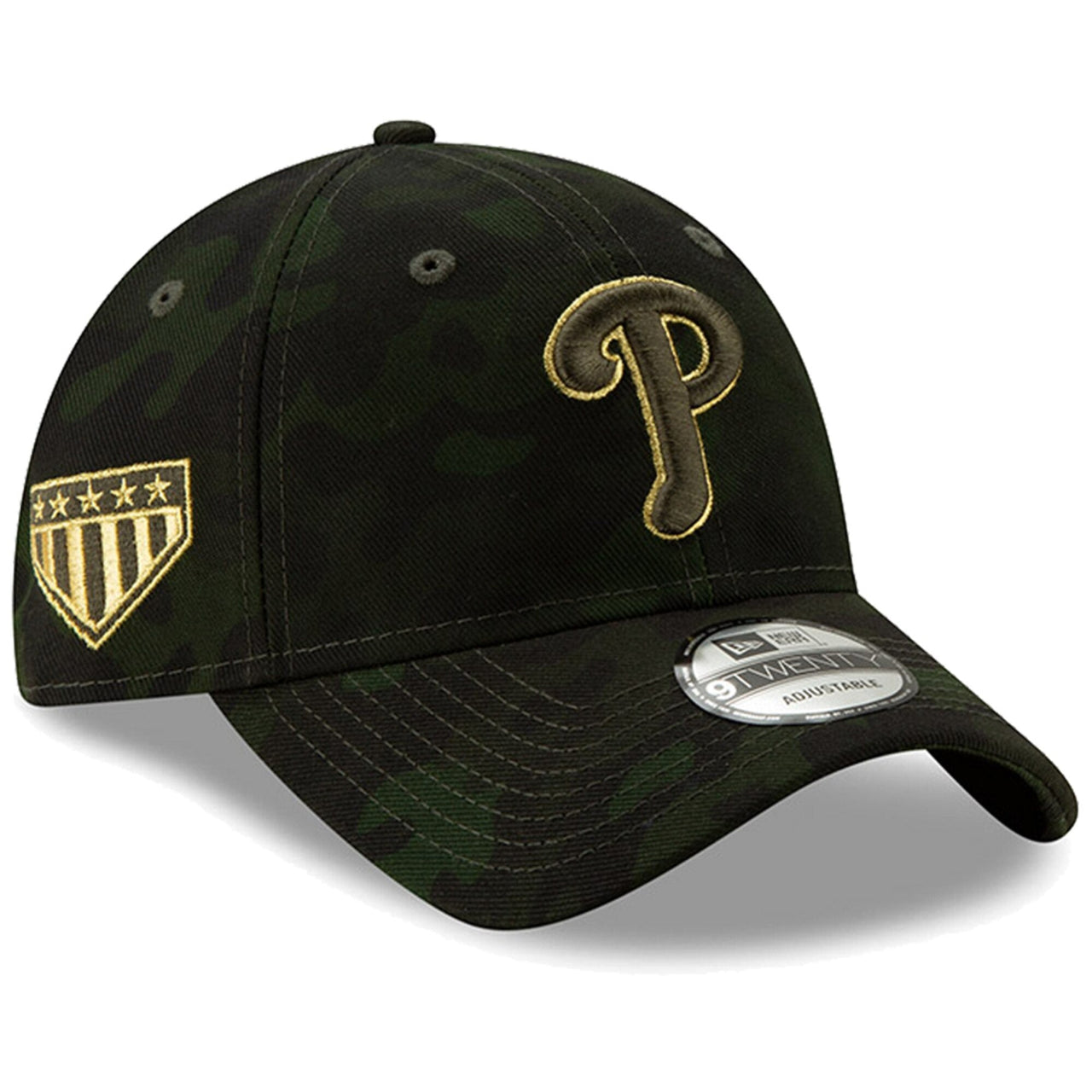 On the right side of the Philadelphia Phillies 2019 Memorial Day 9Twenty dad hat is the 5 star shield logo embroidered in gold and military green