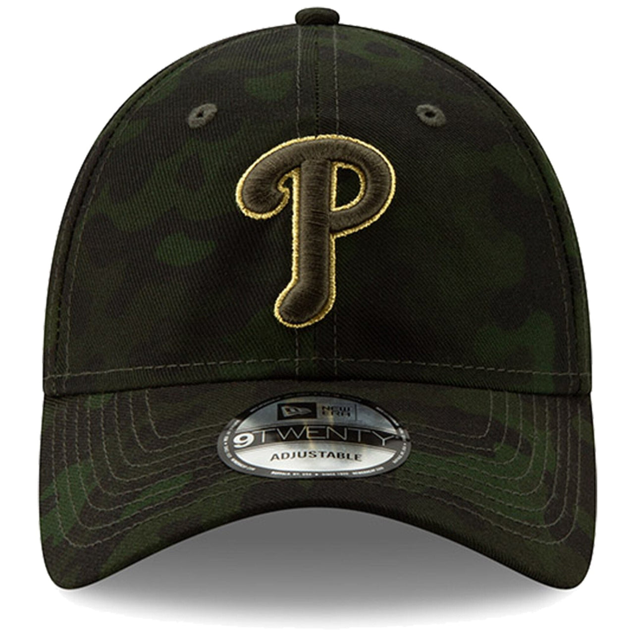 On the front of the Philadelphia Phillies 2019 Memorial Day 9Twenty Dad Hat is the Philadelphia Phillies logo in military green and metallic gold