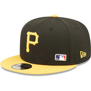 The wearer's left on the Pittsburgh Pirates Yellow Letter Arch Vintage Green Bottom MLB 9Fifty Snapback Hat | Back Letter Arch Black 9Fifty