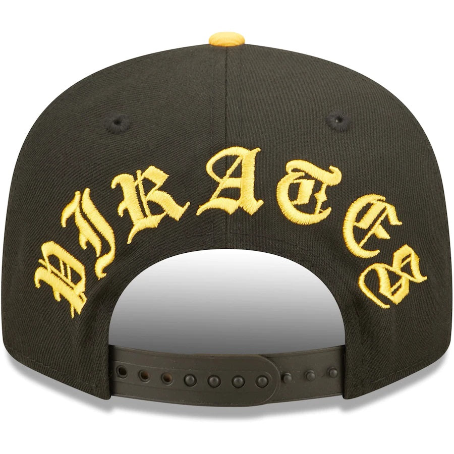 The backside of the Pittsburgh Pirates Yellow Letter Arch Vintage Green Bottom MLB 9Fifty Snapback Hat | Back Letter Arch Black 9Fifty