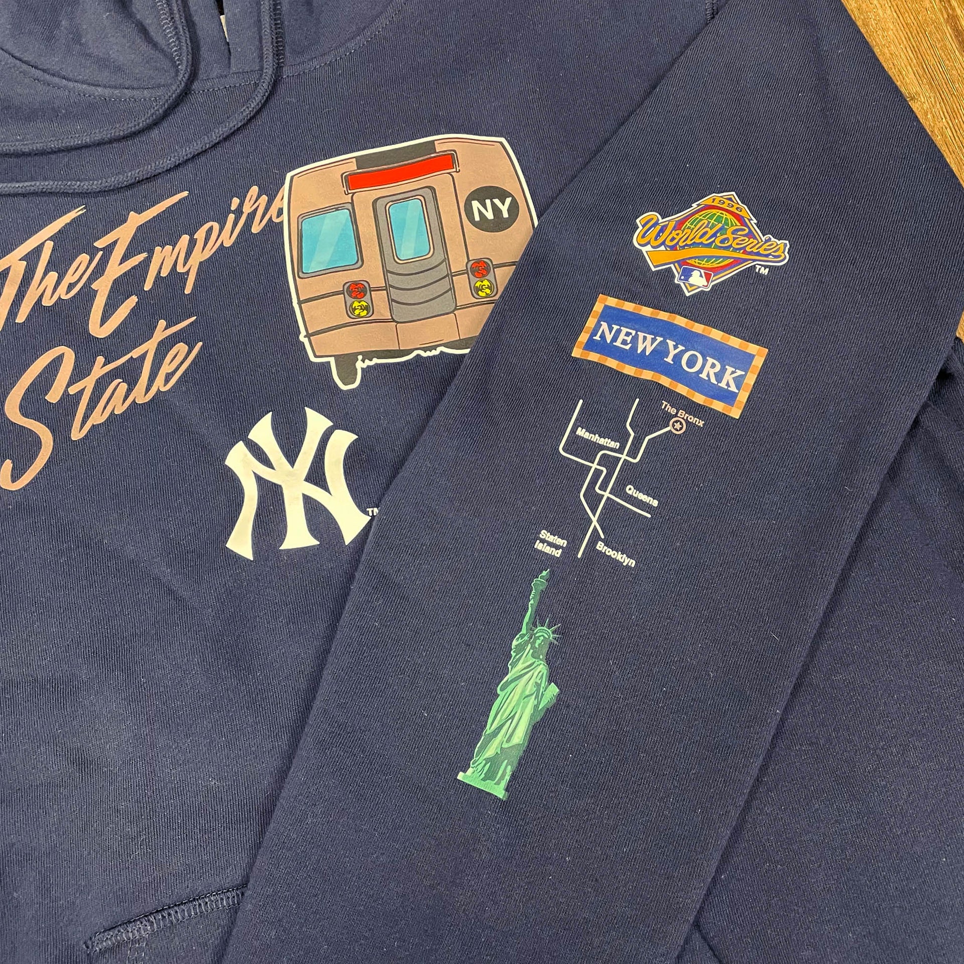 Sleeve shot on the New York Yankees "City Transit" 59Fifty Fitted Matching Navy Pullover Hoodie